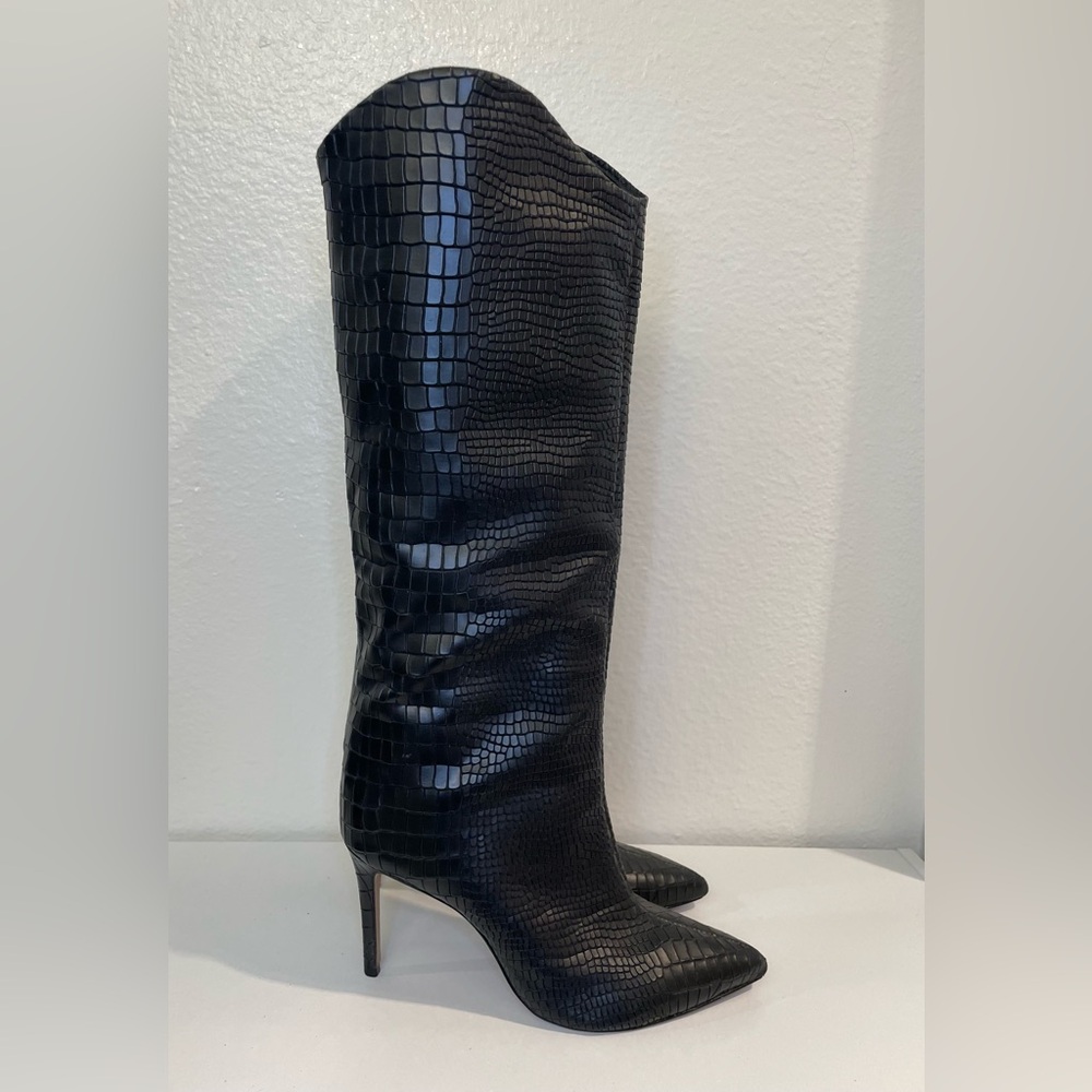 SCHUTZ Maryana Wide Croc Black Textured Heels Boots Size 8.5 - Picture 4 of 9